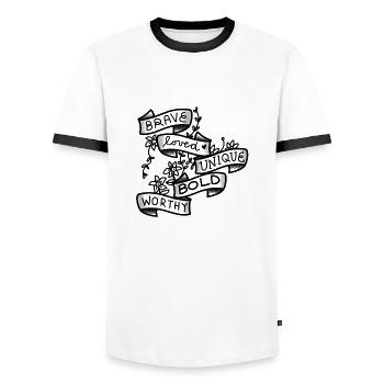 Brave Aimé UNIQUE, AUDACIEUX et digne - T-shirt contrasté Homme - blanc/noir - Devant - AI Model Female 172 light (172cm) & AI Model Male 178 dark (178cm)