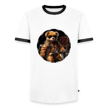 Ours en peluche cool en tant que motard - T-shirt contrasté Homme - blanc/noir - Devant - AI Model Female 172 light (172cm) & AI Model Male 178 dark (178cm)