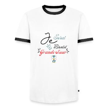 Je serai bientôt grande sœur-annonce grossesse - T-shirt contrasté Homme - blanc/noir - Devant - AI Model Female 172 light (172cm) & AI Model Male 178 dark (178cm)