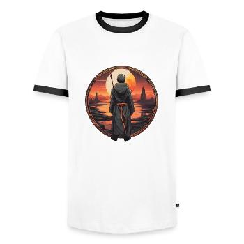 Meditating Monk at the Valley - Men's Ringer Shirt - white/black - Front - AI Model Female 172 light (172cm) & AI Model Male 178 dark (178cm)
