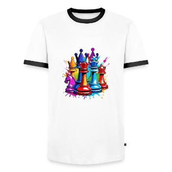 Chess / Pieces / Strategy / Brain Teaser / Nerd - Men's Ringer Shirt - white/black - Front - AI Model Female 172 light (172cm) & AI Model Male 178 dark (178cm)