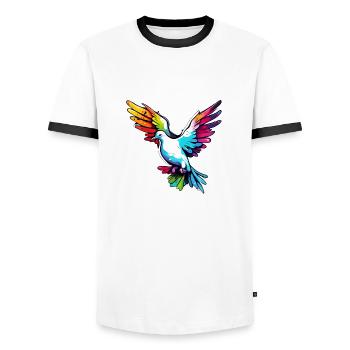 Dove of Peace / Bird / Animal / Flying / Wedding - Men's Ringer Shirt - white/black - Front - AI Model Female 172 light (172cm) & AI Model Male 178 dark (178cm)