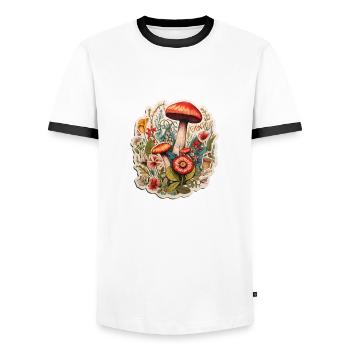 Art bohème avec des champignons et des fleurs - T-shirt contrasté Homme - blanc/noir - Devant - AI Model Female 172 light (172cm) & AI Model Male 178 dark (178cm)