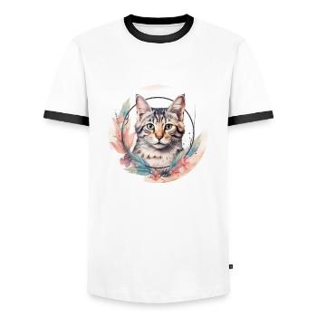 Amerikanische Kurzhaarkatze Boho Elemente, LCats - Männer Kontrast-T-Shirt - Weiß/Schwarz - Vorne - AI Model Female 172 light (172cm) & AI Model Male 178 dark (178cm)
