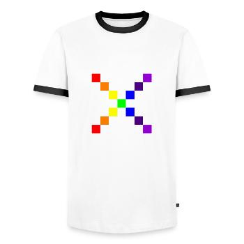 10X10 Grid 11 - Men's Ringer Shirt - white/black - Front - AI Model Female 172 light (172cm) & AI Model Male 178 dark (178cm)