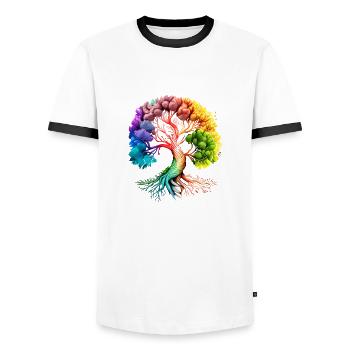 Tree of Life Yoga Tree of Life Meditation - Men's Ringer Shirt - white/black - Front - AI Model Female 172 light (172cm) & AI Model Male 178 dark (178cm)