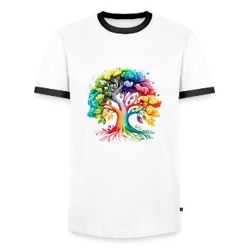 Tree of Life Yoga Tree of Life Meditation - Men's Ringer Shirt - white/black - Front - AI Model Female 172 light (172cm) & AI Model Male 178 dark (178cm)
