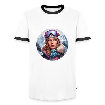 Snowboarder / Winter Sports / Piste / Snow / Alps - Men's Ringer Shirt - white/black - Front - AI Model Female 172 light (172cm) & AI Model Male 178 dark (178cm)