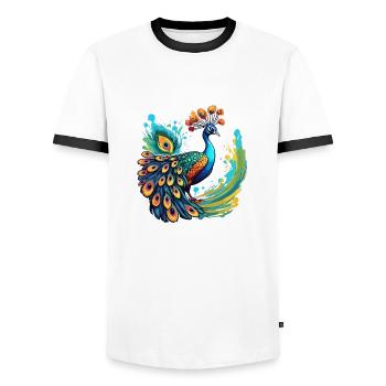 Paon / Animal / Zoo / Plumage / Beauté naturelle - T-shirt contrasté Homme - blanc/noir - Devant - AI Model Female 172 light (172cm) & AI Model Male 178 dark (178cm)