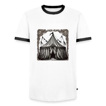 Zirkuszelt / Manege / Unterhaltung / Artisten - Männer Kontrast-T-Shirt - Weiß/Schwarz - Vorne - AI Model Female 172 light (172cm) & AI Model Male 178 dark (178cm)