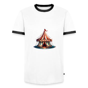 Zirkuszelt / Manege / Unterhaltung / Artisten - Männer Kontrast-T-Shirt - Weiß/Schwarz - Vorne - AI Model Female 172 light (172cm) & AI Model Male 178 dark (178cm)