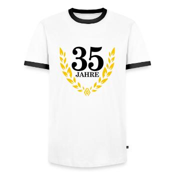Jubiläum 35 Jahre Lorbeerkranz - Männer Kontrast-T-Shirt - Weiß/Schwarz - Vorne - AI Model Female 172 light (172cm) & AI Model Male 178 dark (178cm)