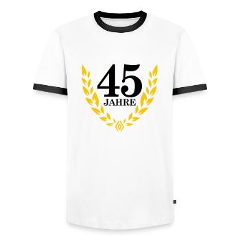 Jubiläum 45 Jahre Lorbeerkranz - Männer Kontrast-T-Shirt - Weiß/Schwarz - Vorne - AI Model Female 172 light (172cm) & AI Model Male 178 dark (178cm)