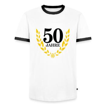 Jubiläum 50 Jahre Lorbeerkranz - Männer Kontrast-T-Shirt - Weiß/Schwarz - Vorne - AI Model Female 172 light (172cm) & AI Model Male 178 dark (178cm)