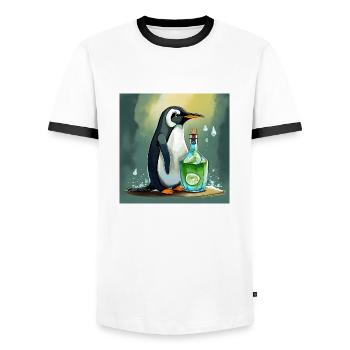 penguin with a Gin and Tonic bottle - Men's Ringer Shirt - white/black - Front - AI Model Female 172 light (172cm) & AI Model Male 178 dark (178cm)