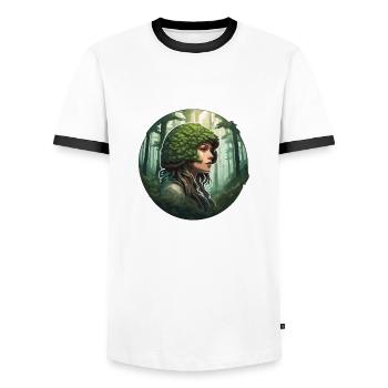 Forest Woman / Green / Forest Dwellers / Trees / Grass - Men's Ringer Shirt - white/black - Front - AI Model Female 172 light (172cm) & AI Model Male 178 dark (178cm)