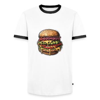Burgers / Fast Food / Food / Buns / Beef - Men's Ringer Shirt - white/black - Front - AI Model Female 172 light (172cm) & AI Model Male 178 dark (178cm)