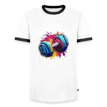 Dumbbell / Weights / Sports / Strength Training / Workout - Men's Ringer Shirt - white/black - Front - AI Model Female 172 light (172cm) & AI Model Male 178 dark (178cm)