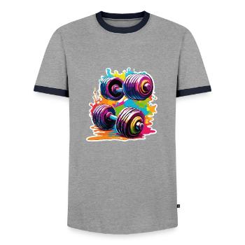 Dumbbell / Weights / Sports / Strength Training / Workout - Men's Ringer Shirt - grey/navy  - Front - AI Model Female 172 light (172cm) & AI Model Male 178 light (178cm)