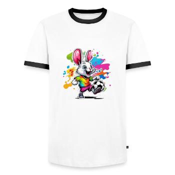 Lapin de football / Animal / Football / But / Sport - T-shirt contrasté Homme - blanc/noir - Devant - AI Model Female 172 light (172cm) & AI Model Male 178 dark (178cm)