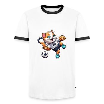 Chat de football / Animal / Football / But / Sports - T-shirt contrasté Homme - blanc/noir - Devant - AI Model Female 172 light (172cm) & AI Model Male 178 dark (178cm)