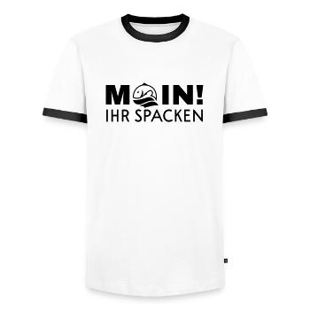 Moin, ihr Spacken - Männer Kontrast-T-Shirt - Weiß/Schwarz - Vorne - AI Model Female 172 light (172cm) & AI Model Male 178 dark (178cm)