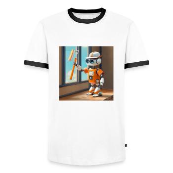 niedliche kleine orangefarbene futuristische Vintage-Roboter - Männer Kontrast-T-Shirt - Weiß/Schwarz - Vorne - AI Model Female 172 light (172cm) & AI Model Male 178 dark (178cm)