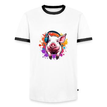 Headphones / Audio / Music / Animal / Pig / Cool - Men's Ringer Shirt - white/black - Front - AI Model Female 172 light (172cm) & AI Model Male 178 dark (178cm)