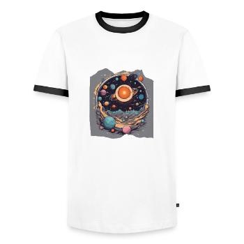 Celestial Harmony Solar System Sun Planets Space - Men's Ringer Shirt - white/black - Front - AI Model Female 172 light (172cm) & AI Model Male 178 dark (178cm)