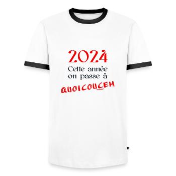 2024 cette année on passe à quoicouceh - T-shirt contrasté Homme - blanc/noir - Devant - AI Model Female 172 light (172cm) & AI Model Male 178 dark (178cm)