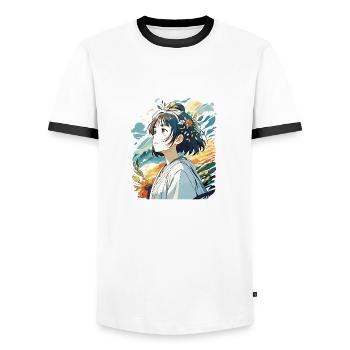 Anime / Comic / Japanese / Animation / Cartoon - Men's Ringer Shirt - white/black - Front - AI Model Female 172 light (172cm) & AI Model Male 178 dark (178cm)