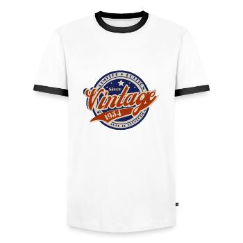 Vintage 1954—Year 1954 Birthday Gift - Men's Ringer Shirt - white/black - Front - AI Model Female 172 light (172cm) & AI Model Male 178 dark (178cm)