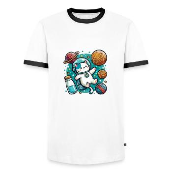 Cute Astronaut Space Kitty Amidst Yarn Planets - Men's Ringer Shirt - white/black - Front - AI Model Female 172 light (172cm) & AI Model Male 178 dark (178cm)