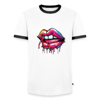 Mund / Lippen / Zähne / Zunge / lächeln / Kuss - Männer Kontrast-T-Shirt - Weiß/Schwarz - Vorne - AI Model Female 172 light (172cm) & AI Model Male 178 dark (178cm)