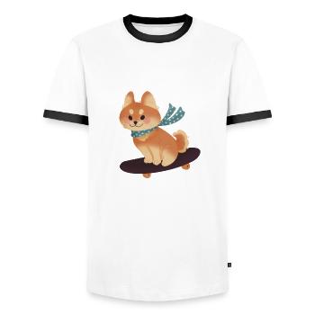 Skating Shiba Inu Dog - Men's Ringer Shirt - white/black - Front - AI Model Female 172 light (172cm) & AI Model Male 178 dark (178cm)