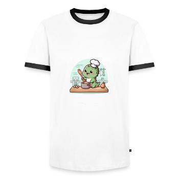 süßer kleiner baby dino kocht mit seiner mama - Männer Kontrast-T-Shirt - Weiß/Schwarz - Vorne - AI Model Female 172 light (172cm) & AI Model Male 178 dark (178cm)
