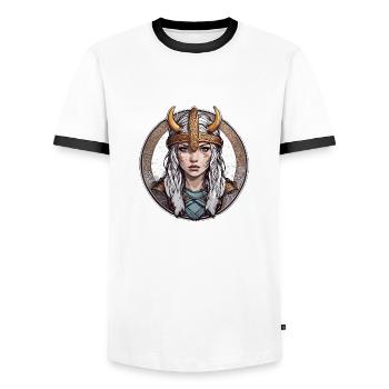 Femme viking / Thor / Odin / Nordique / Celtique - T-shirt contrasté Homme - blanc/noir - Devant - AI Model Female 172 light (172cm) & AI Model Male 178 dark (178cm)