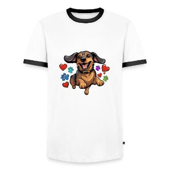 Serene dachshund with heart and paws - Men's Ringer Shirt - white/black - Front - AI Model Female 172 light (172cm) & AI Model Male 178 dark (178cm)