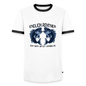Finally retirees! Fishing Saying - Men's Ringer Shirt - white/black - Front - AI Model Female 172 light (172cm) & AI Model Male 178 dark (178cm)