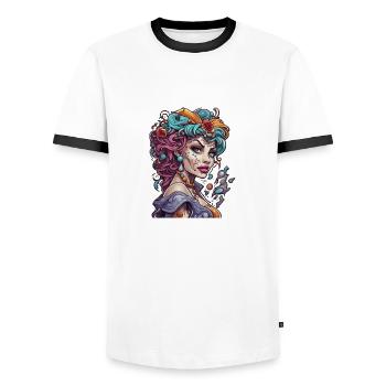 diabolical woman / blood / gothic / heavy metal - Men's Ringer Shirt - white/black - Front - AI Model Female 172 light (172cm) & AI Model Male 178 dark (178cm)