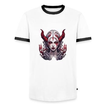 diabolical woman / blood / gothic / heavy metal - Men's Ringer Shirt - white/black - Front - AI Model Female 172 light (172cm) & AI Model Male 178 dark (178cm)