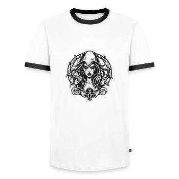 diabolical woman / blood / gothic / heavy metal - Men's Ringer Shirt - white/black - Front - AI Model Female 172 light (172cm) & AI Model Male 178 dark (178cm)