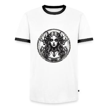 diabolical woman / blood / gothic / heavy metal - Men's Ringer Shirt - white/black - Front - AI Model Female 172 light (172cm) & AI Model Male 178 dark (178cm)