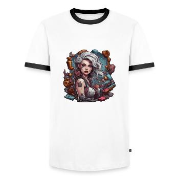 diabolical woman / blood / gothic / heavy metal - Men's Ringer Shirt - white/black - Front - AI Model Female 172 light (172cm) & AI Model Male 178 dark (178cm)