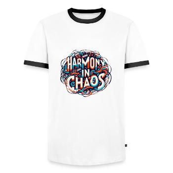 Harmony in Chaos - Music Typography - Men's Ringer Shirt - white/black - Front - AI Model Female 172 light (172cm) & AI Model Male 178 dark (178cm)