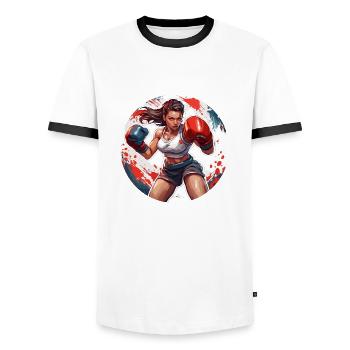 Boxer / Sports / Fight / Arena / Boxing Ring / Fists - Men's Ringer Shirt - white/black - Front - AI Model Female 172 light (172cm) & AI Model Male 178 dark (178cm)