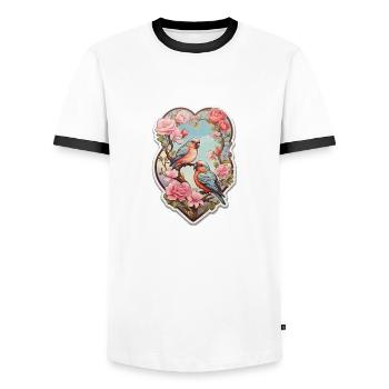 Zwei Turteltauben sitzen auf einem herzförmigen As - Männer Kontrast-T-Shirt - Weiß/Schwarz - Vorne - AI Model Female 172 light (172cm) & AI Model Male 178 dark (178cm)