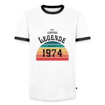 Eine lebende Legende, geboren 1974 - Männer Kontrast-T-Shirt - Weiß/Schwarz - Vorne - AI Model Female 172 light (172cm) & AI Model Male 178 dark (178cm)