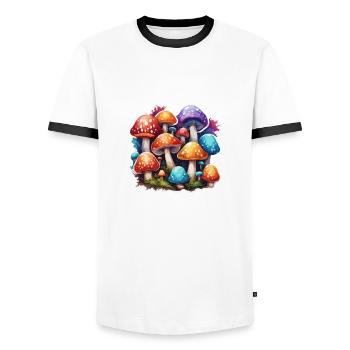 Pilz / Mushroom / Wiese / Wald / Goa / Psy - Männer Kontrast-T-Shirt - Weiß/Schwarz - Vorne - AI Model Female 172 light (172cm) & AI Model Male 178 dark (178cm)