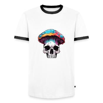 Pilz / Mushroom / Wiese / Wald / Goa / Psy - Männer Kontrast-T-Shirt - Weiß/Schwarz - Vorne - AI Model Female 172 light (172cm) & AI Model Male 178 dark (178cm)